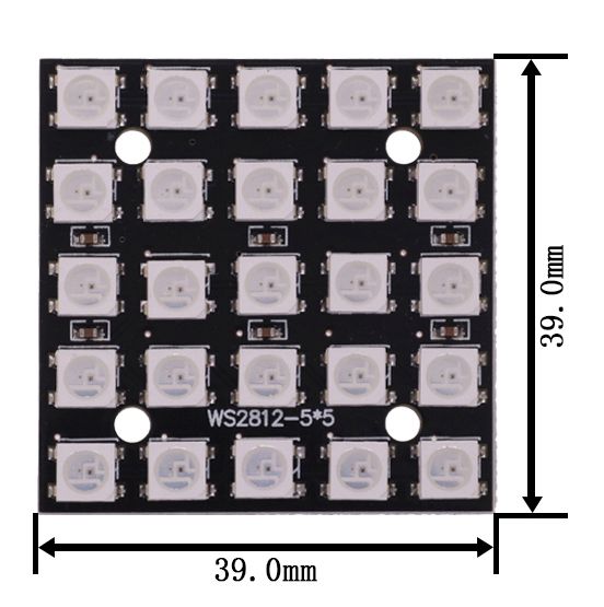 RGB LED module 25-bit 5x5 vierkant 39x39mm met WS2812 chip (NeoPixel) afmetingen